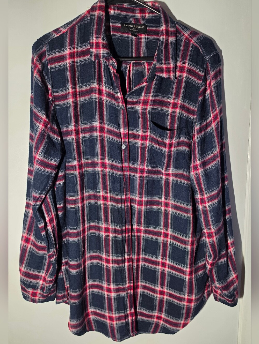 Banana Republic Navy, Red and White Plaid Button-Down Shirt